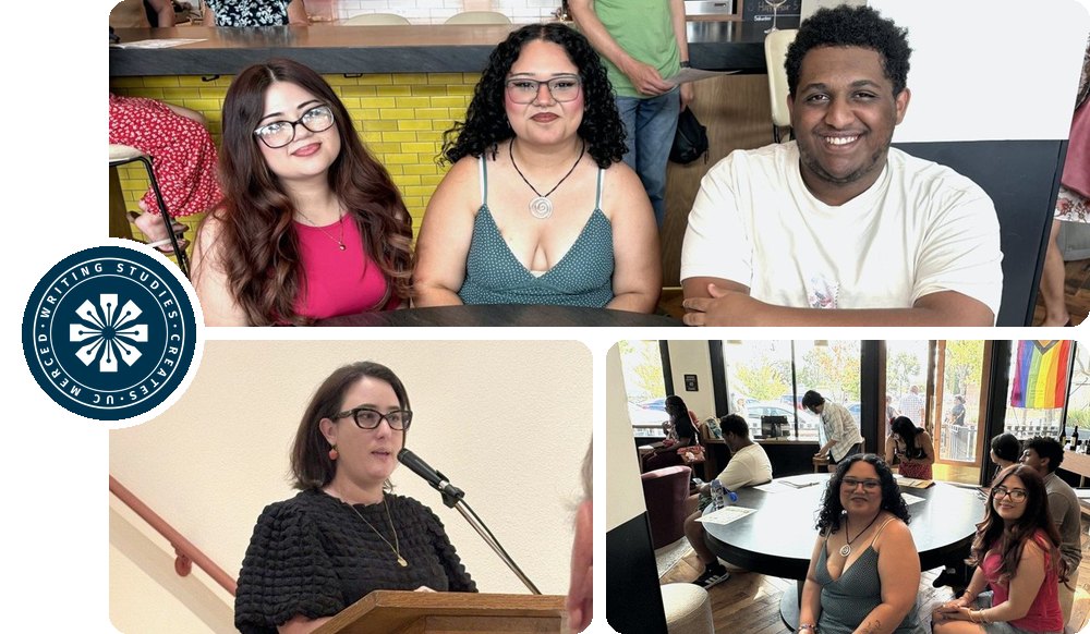Writing Studies students at a table, a speaker reading at a podium, and students gathered in a café, with the Writing Studies Creates seal